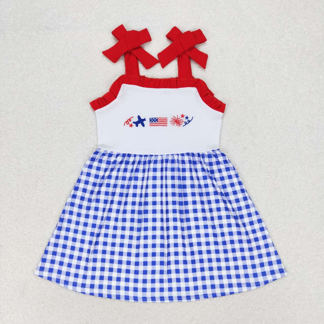 RTS NO MOQ(In Stock) Embroidered airplane flag fireworks red lace blue and white plaid suspender dress