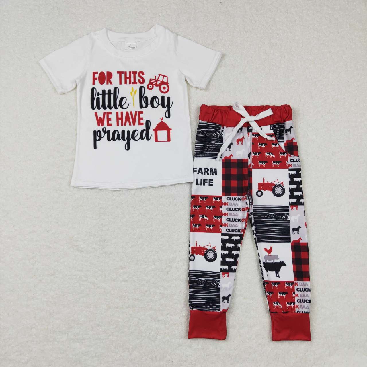 RTS NO MOQ ETA 5/7days Arrived BSPO0171 little boy letter farm animal plaid red and white short-sleeved trousers suit