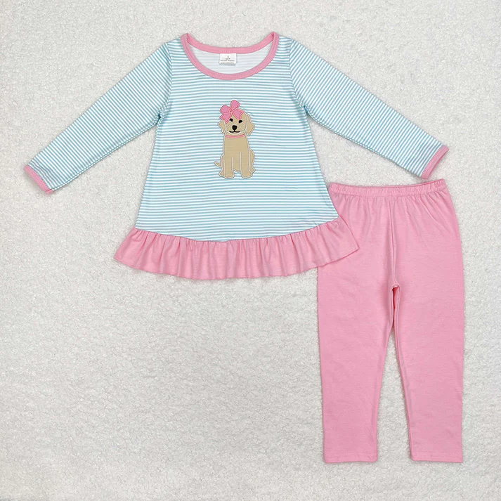 RTS NO MOQ Baby Girls Boys Dog Top Pants Sibling Outfits Clothes SetsEmbroidered Puppy Boys and Girls Long Sleeve Pants Set