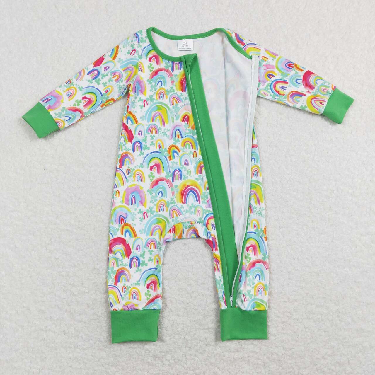 RTS NO MOQ(In Stock) LR0883 Rainbow Clover Green Zip Long Sleeve Jumpsuit