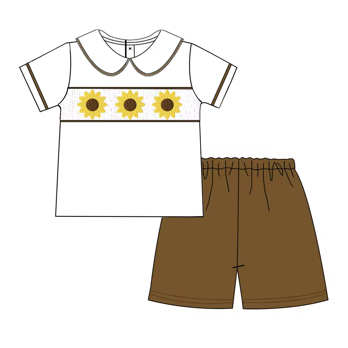 Custom moq 3 eta 6-8weeks White short suit with doll collar and sunflower