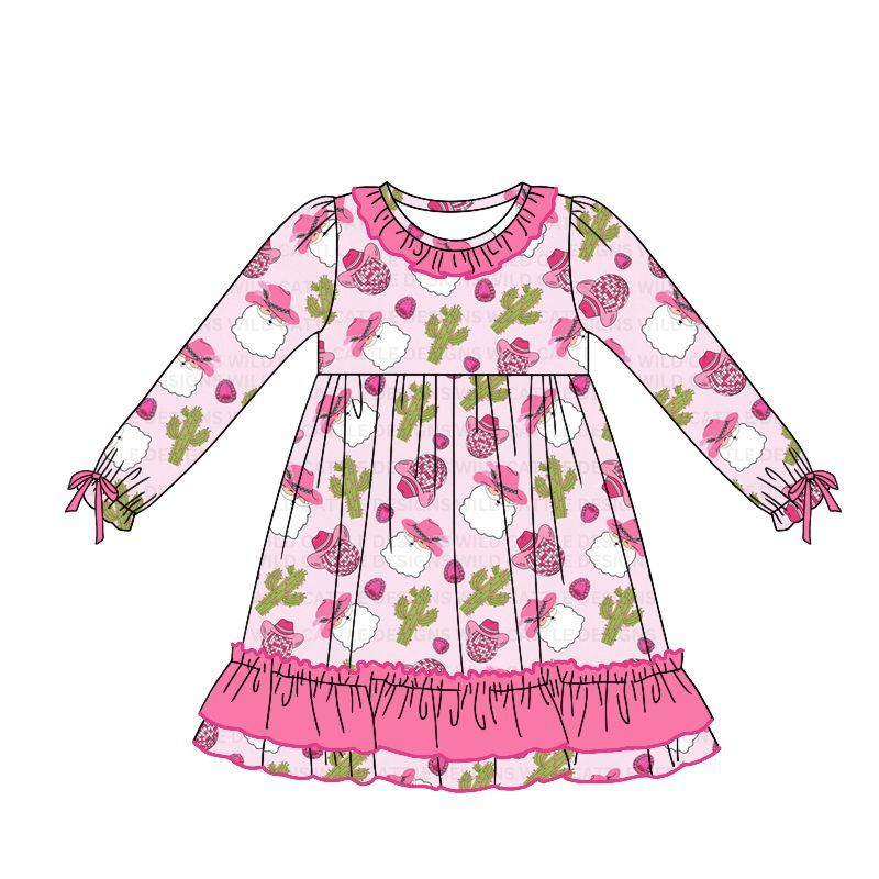 (Preorder new) No moq Baby Girls Western Cowgirl Santa Cactus Print Long Sleeve Dress Pink Ruffle Neck Bow Cuff Fall Christmas Kids Holiday Dress