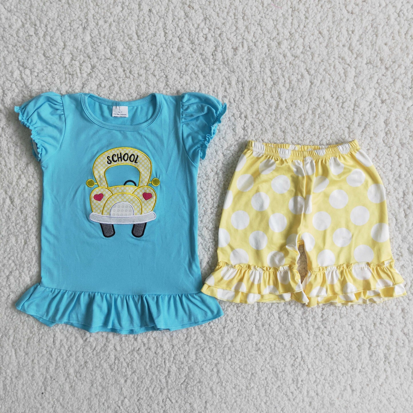 rts no moq D12-26 Blue embroidered school bus with yellow polka dots suit