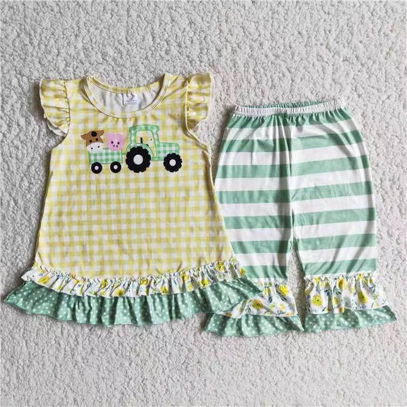 D9-12 Farm Yellow Tunic Ruffle Pants Set Cute Country Style Outfit for Girls