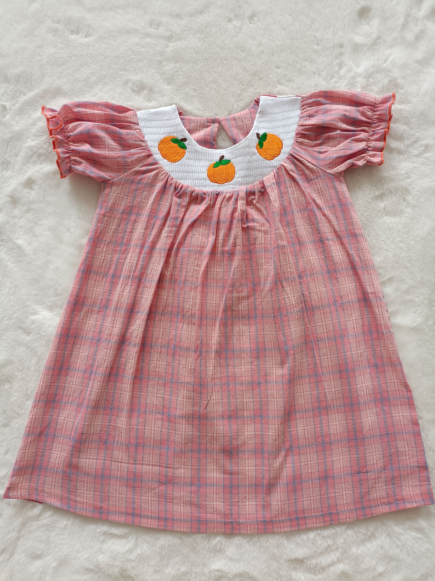smocked pumpkin embroidered plaid short-sleeved dress in dark pink