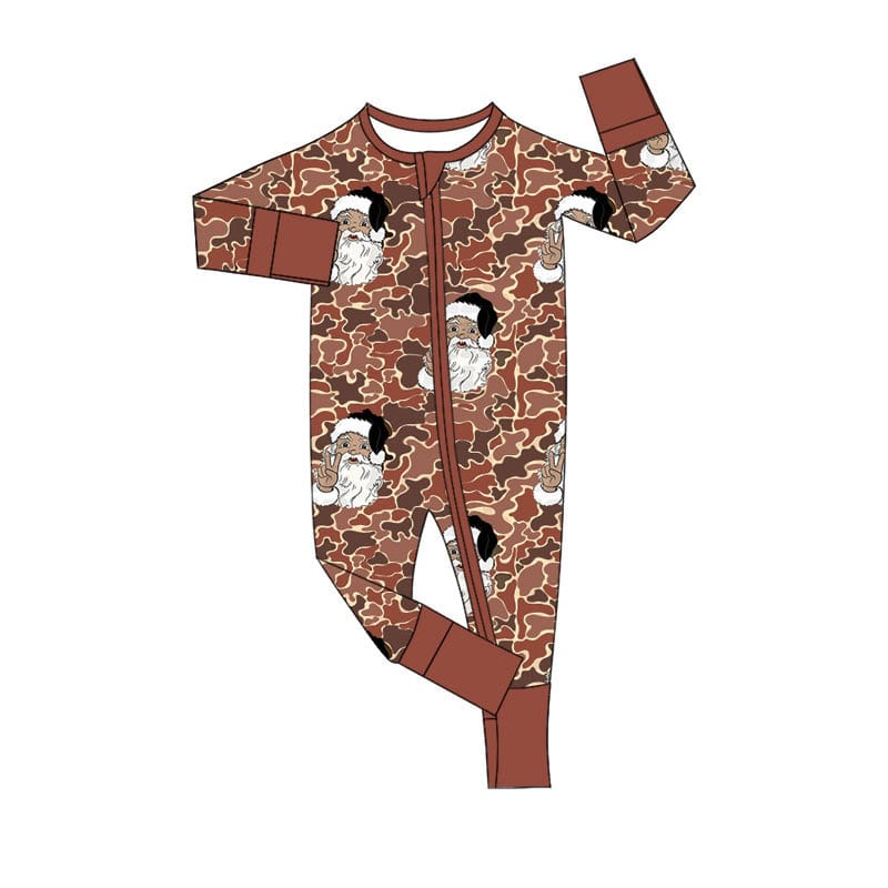 Custom moq 3 eta 6-8 weekskids brow camo Santa’s zipper long sleeve romper