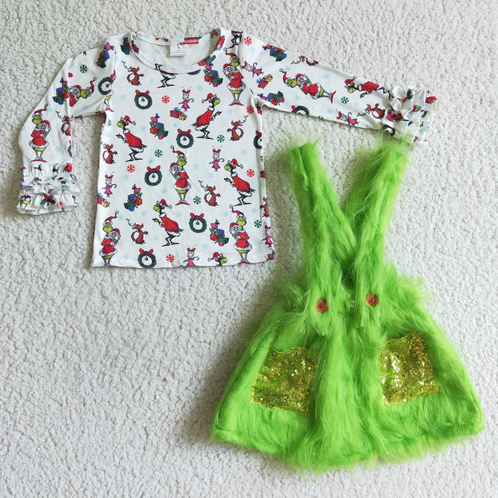 RTS NO MOQ Boys and Girls Christmas Tree Fur Long Sleeve and Pants Set