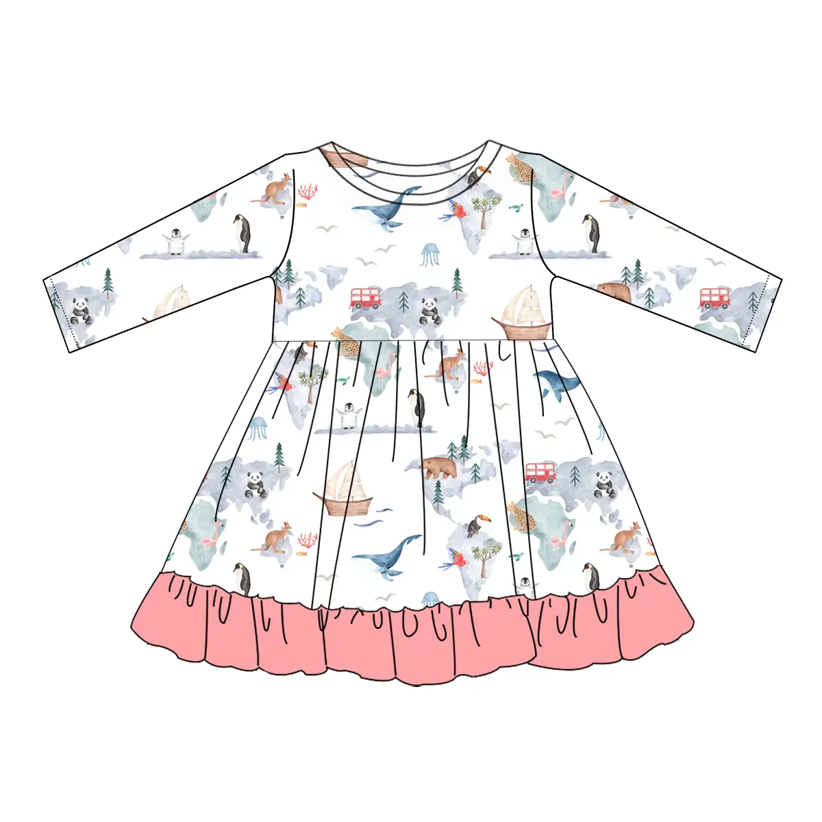 Custom moq 3 eta 7/8week moq 5 eta /4/5week Ink painting style pink pleated skirt white long-sleeved dress
