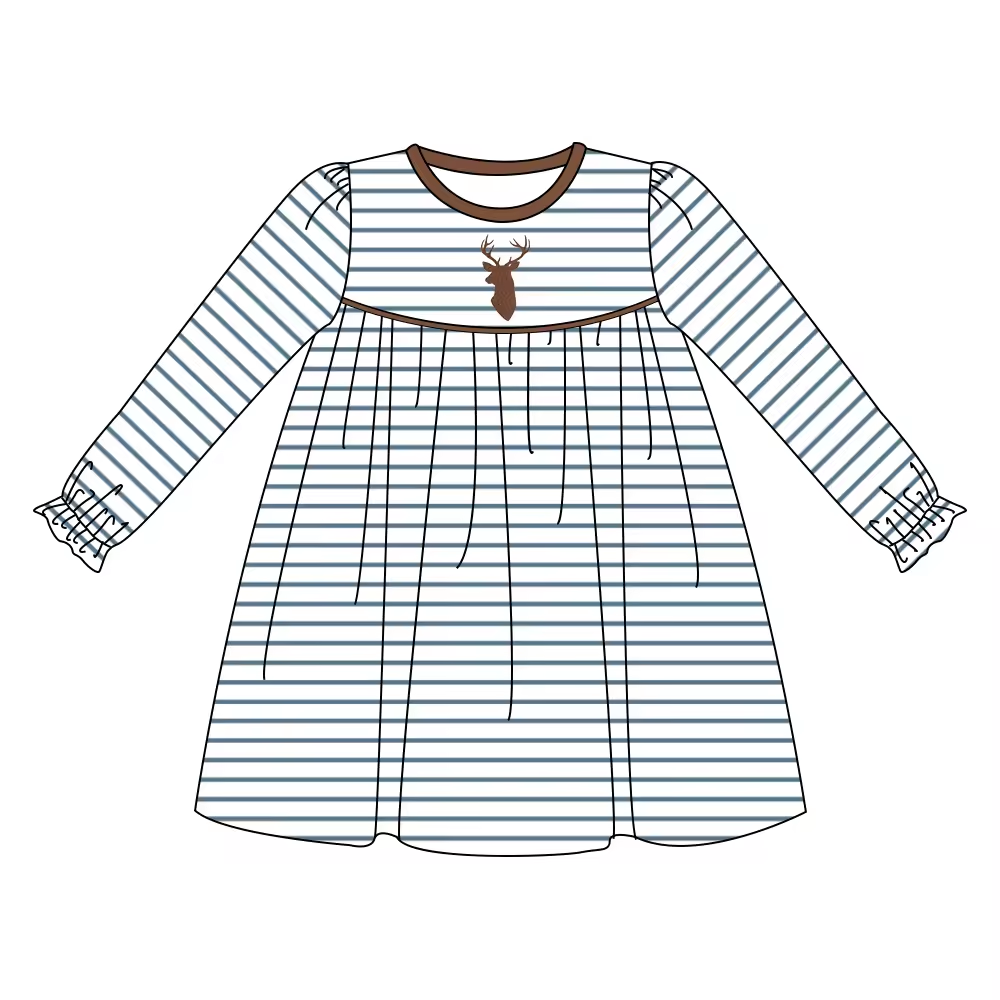 Custom moq 3 eta 6-8weeks Brown Elk Striped Long Sleeve Dress