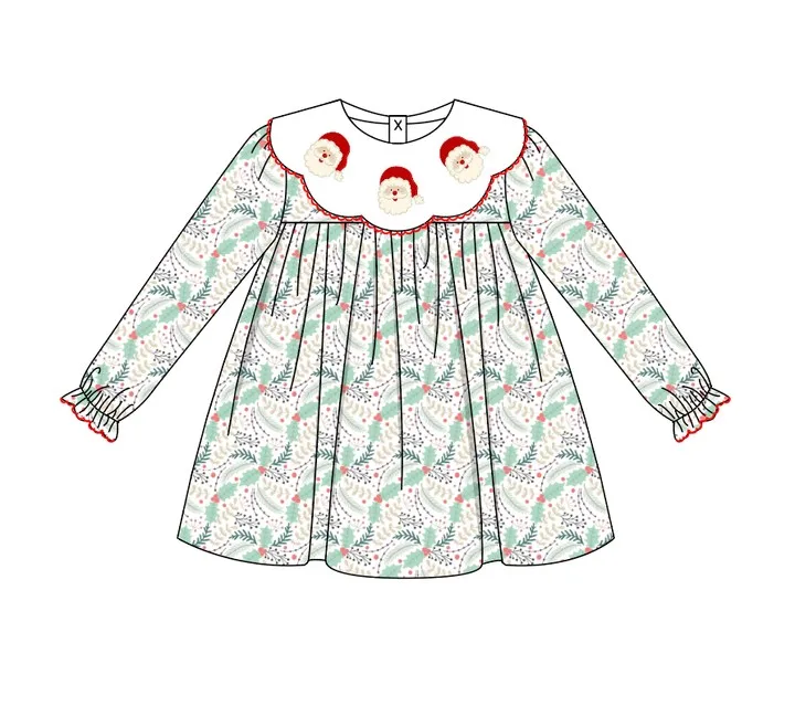 Custom moq 3 eta 6-8weeks Lace baby collar Santa Claus green polka dot long sleeve dress