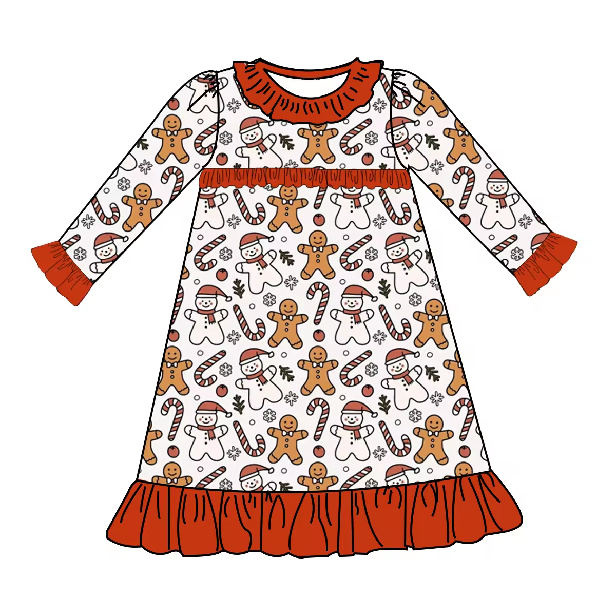 Custom moq 3 eta 6-8weeks Christmas atmosphere long sleeve dress: brown & white biscuit bear print pattern and ruffled edge neckline skirt decoration