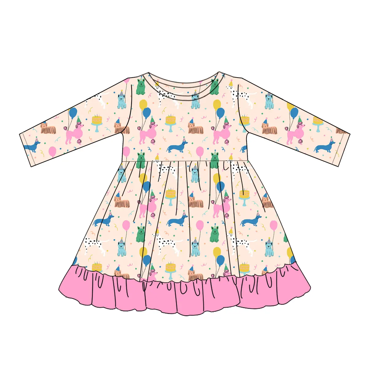 Custom moq 3 eta 6-8weeks Zebra-Balloon Puppy Lotus Pink Long Sleeve Dress