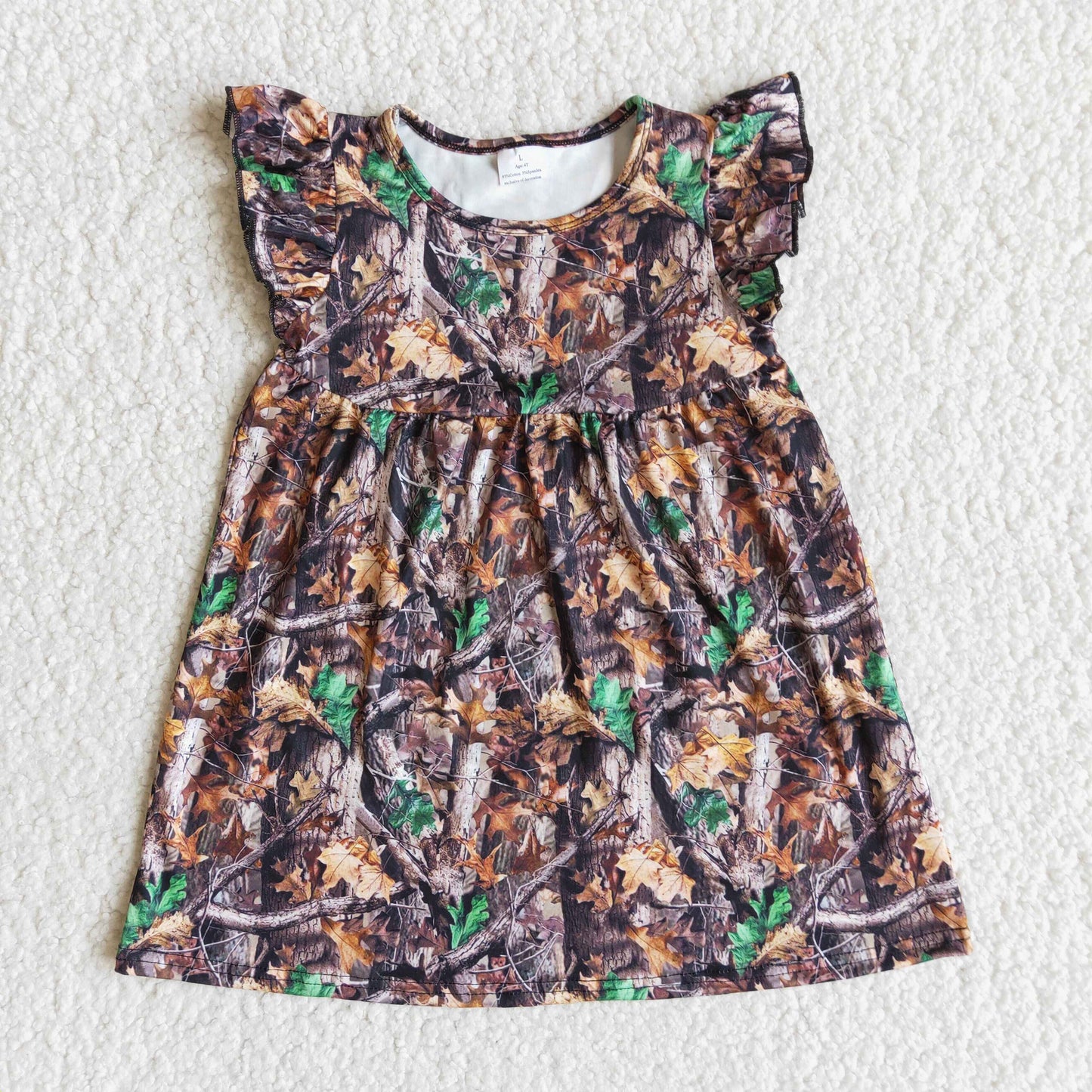 E12-3 Baby Girls Flutter Sleeve Camo Knee Length Pearl Dresses