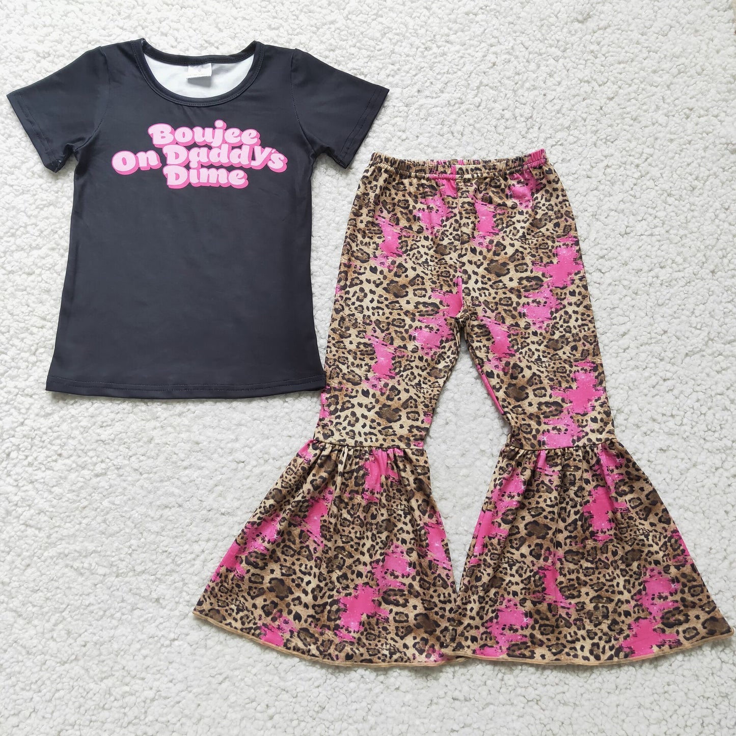 RTS NO MOQ E4-16 boujee letter black short-sleeved top leopard print flared pants set