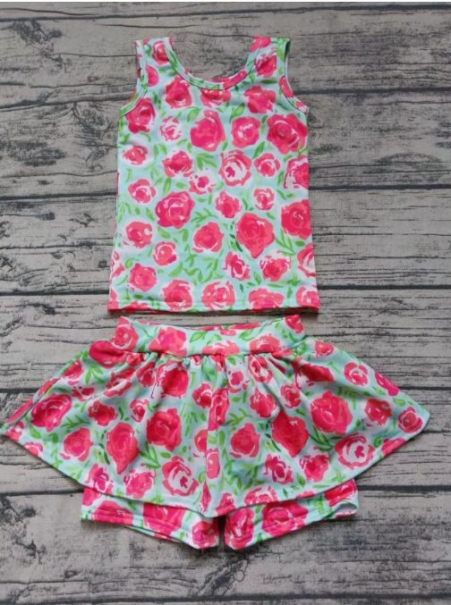 Red rose flower short sleeve shorts suit for girls