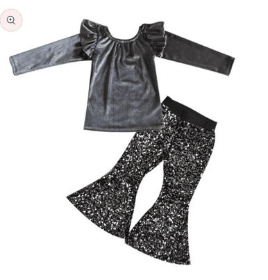 GT0063 Girls gray gold velvet long sleeve top+E5-30 Black sequined flared pants