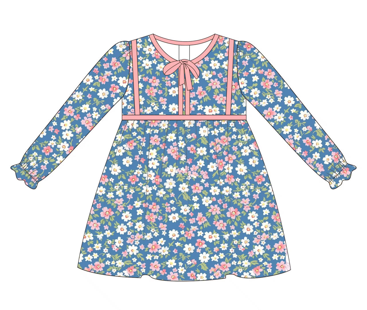 Custom moq 3 eta 6-8weeks Powder blue floral bow lace cuff long sleeve dress