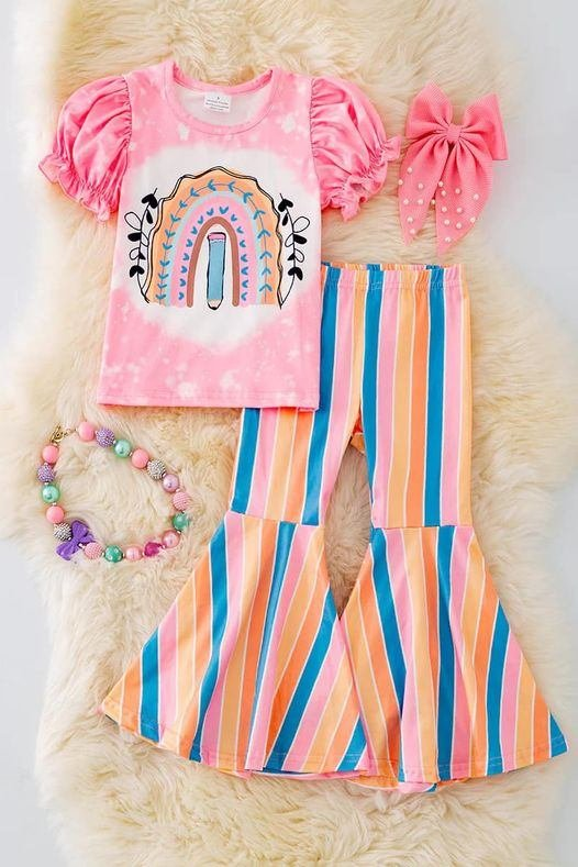 custom moq 5 eta 6-7weeks Apple school pencil short sleeve long pants suit custom study Rainbow pencils kids school(