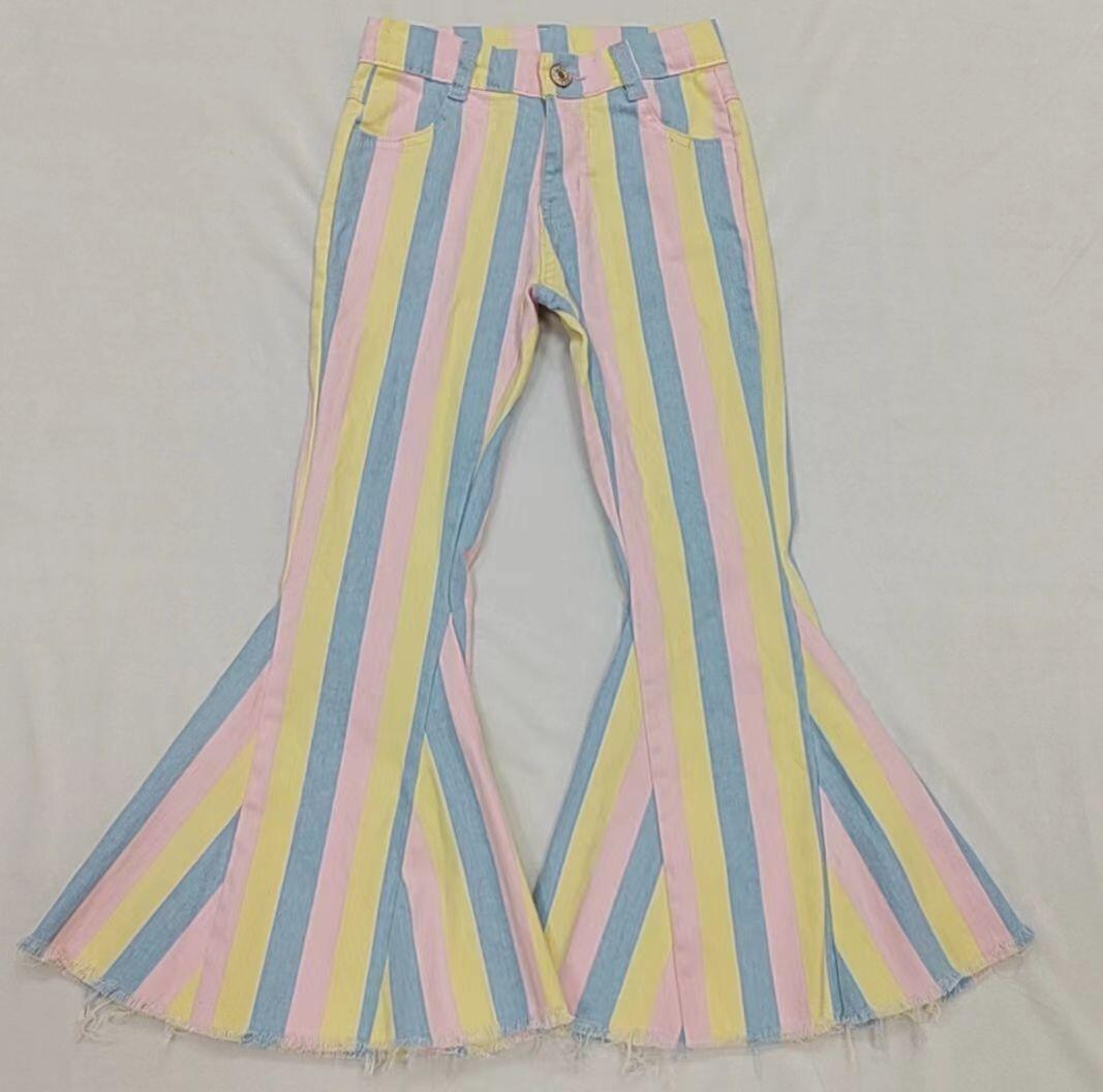 P0336 Light pink, blue and yellow striped denim trousers