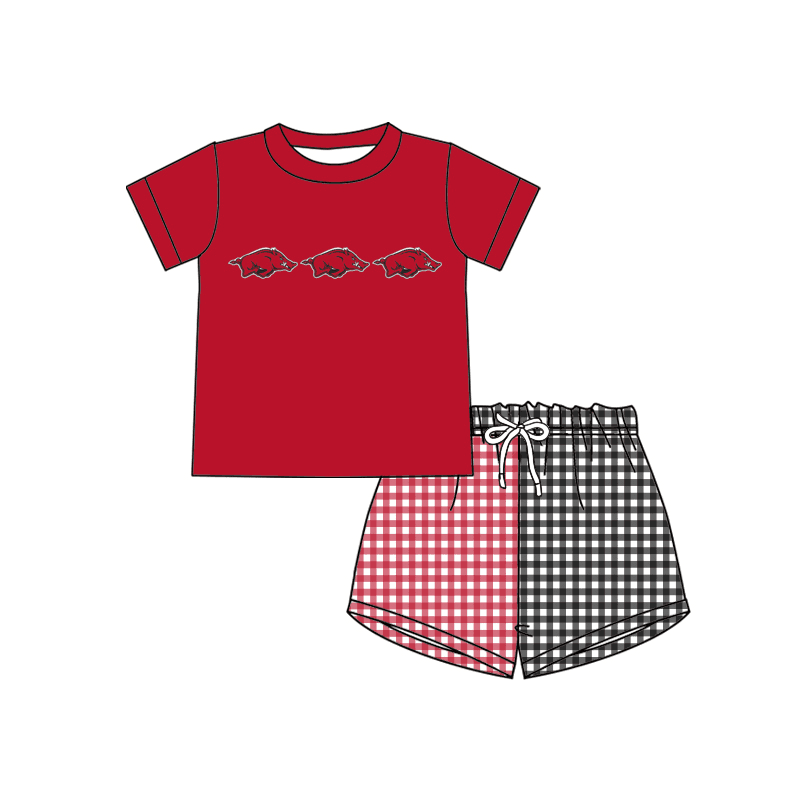 Boys red short sleeve red and black plaid short pants moq 5