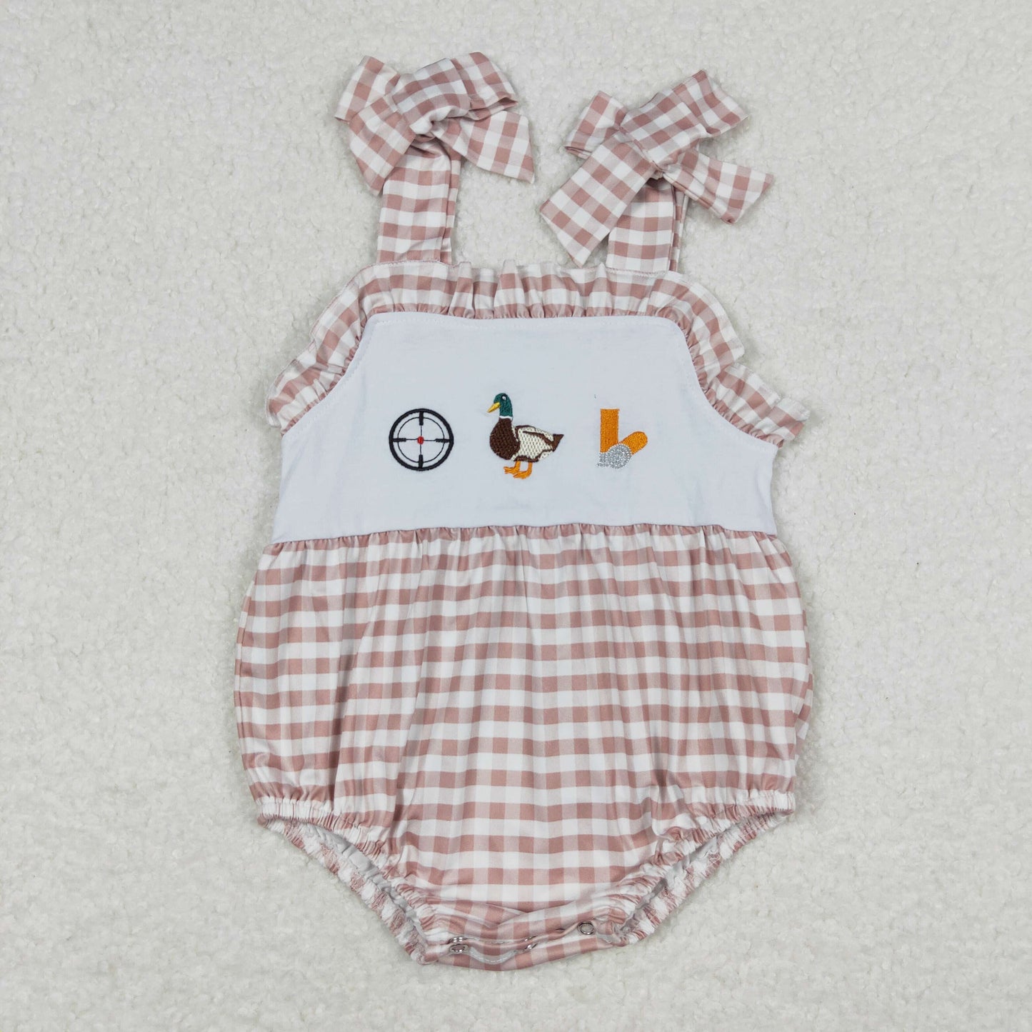 RTS NO MOQ(In Stock) Embroidered Duck Brown Plaid Lace Camisole Jumpsuit
