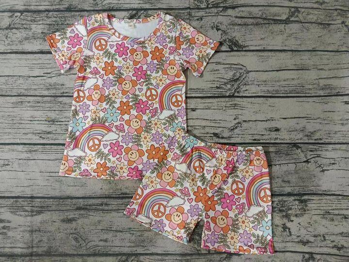 Girls Sunflower Rainbow Short Sleeve Shorts Set