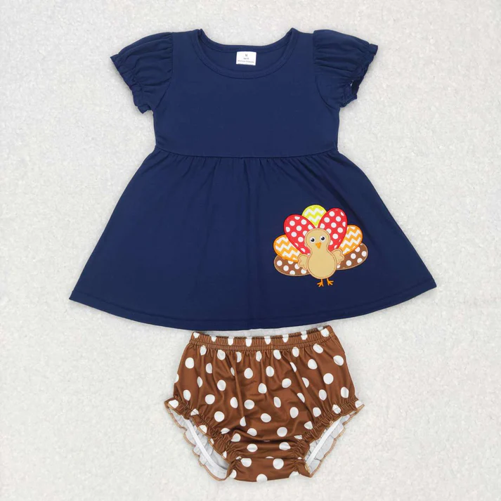 RTS NO MOQ Baby Girls Thanksgiving Sibling Turkey Fall Clothes Sets embriobery style match thanksgiving