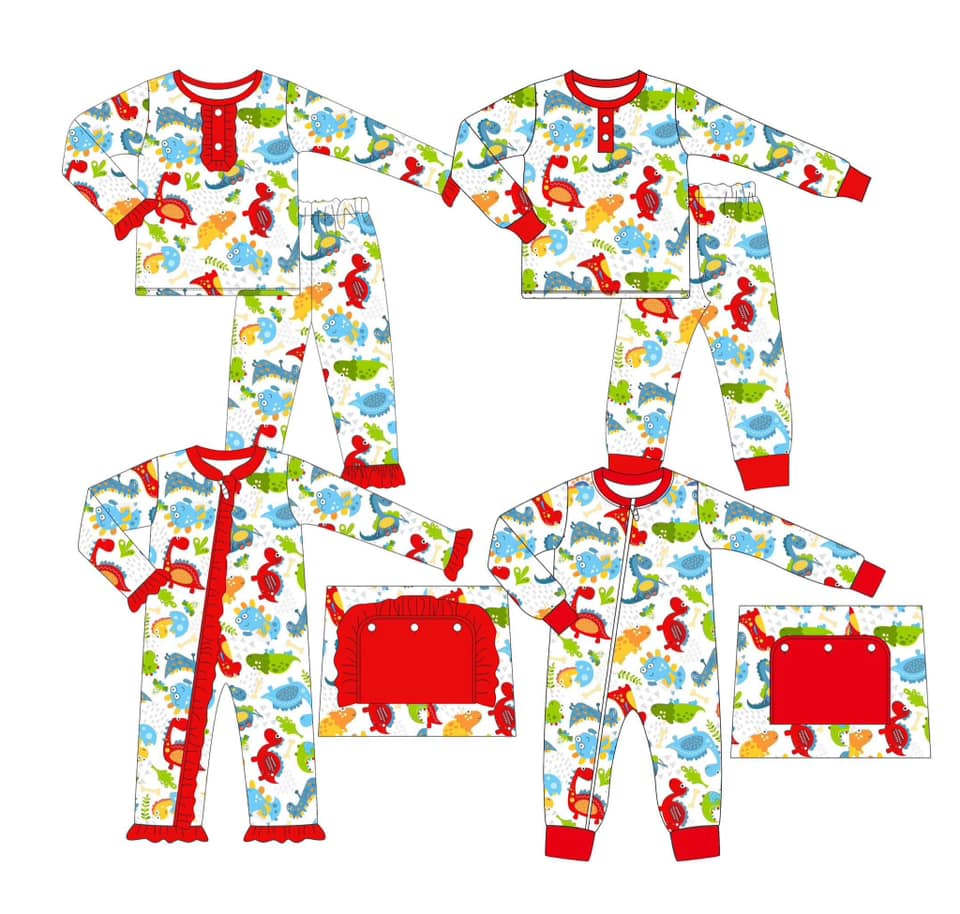 Custom moq 3 MIX SIZE eta 7/8week moq 5 eta /4/5week Dinosaur pattern red boy and girl mixed suit