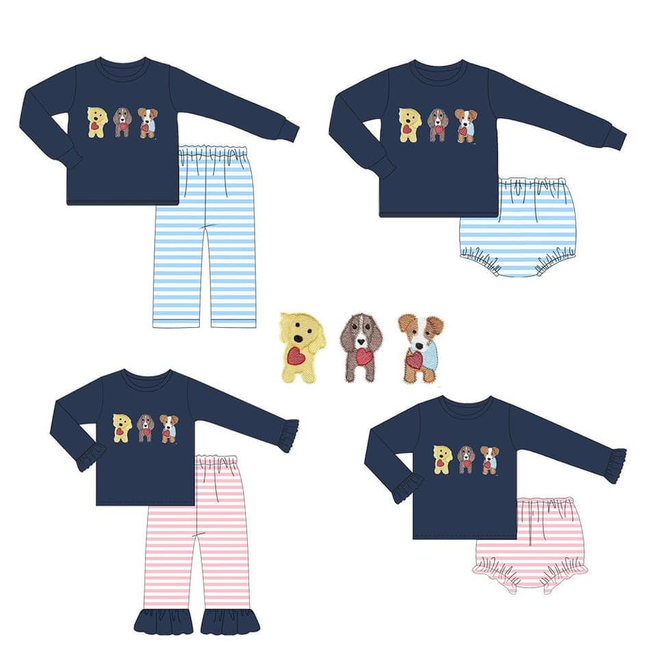 Custom moq 3 MIX SIZE eta 7/8week moq 5 eta /4/5week Blue long-sleeved top with embroidered heart and puppy pattern and striped pants mixed set