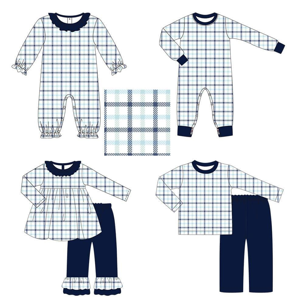 Custom moq 3 mix size eta 6-8 weeks Navy blue striped plaid boy and girl mixed suit