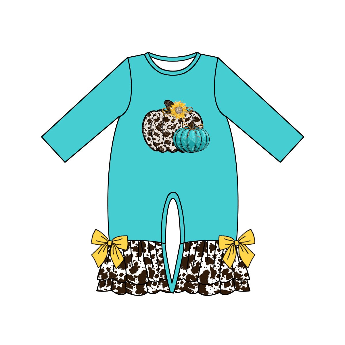 Ink pattern pumpkin teal long-sleeved jumpsuit