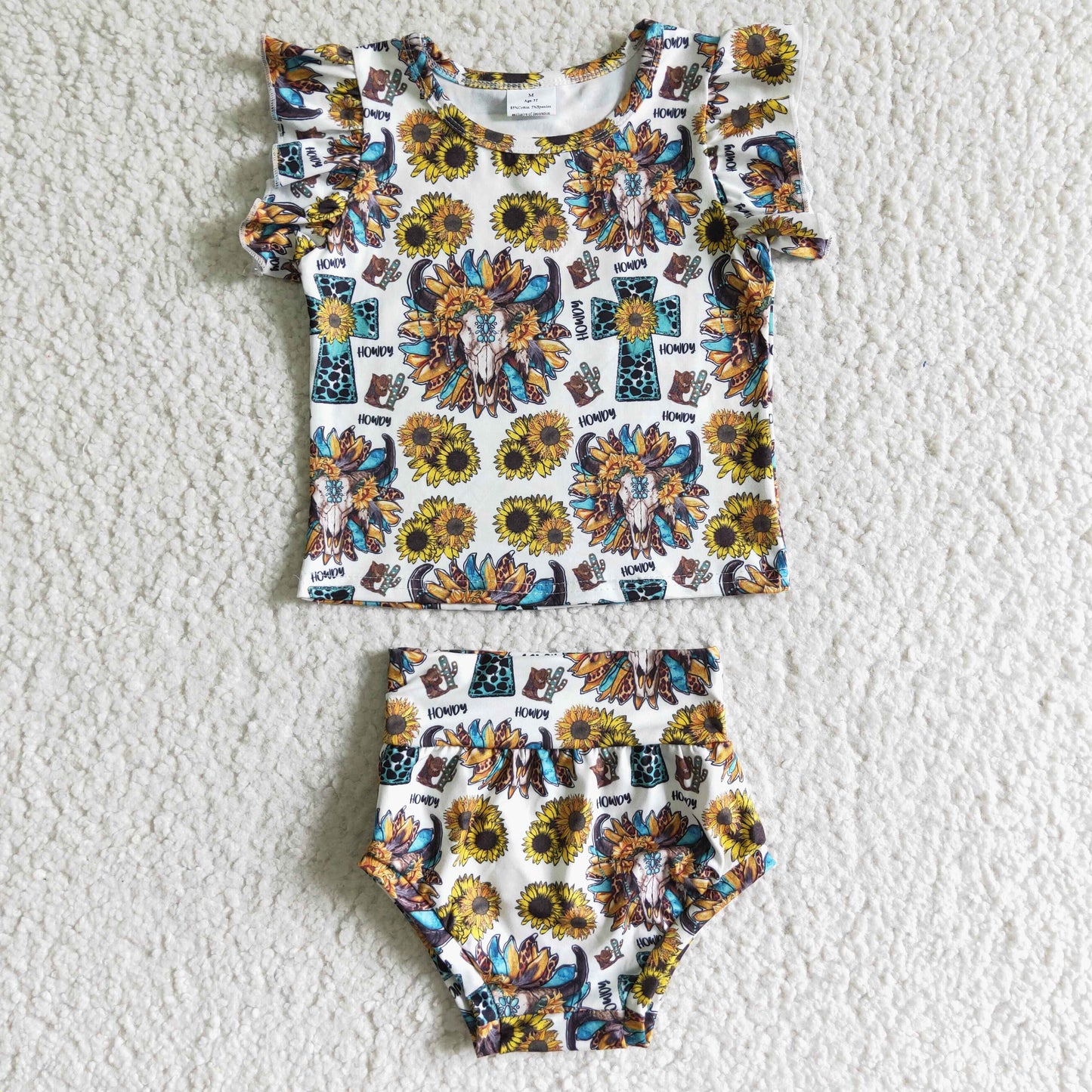 GBO0047 Baby Girls Western Sunflower Cow Skull Bummie Sets
