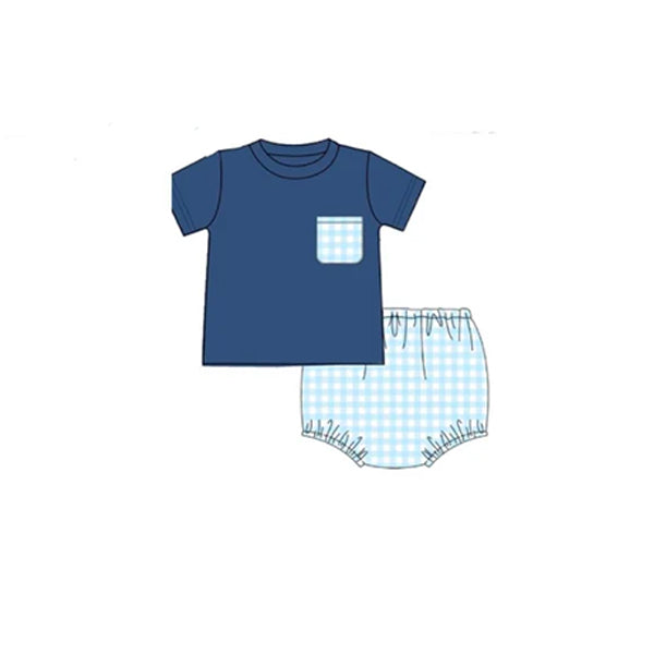 GBO0347 pre-order baby boy clothes blue gingham boy summer bummies sets