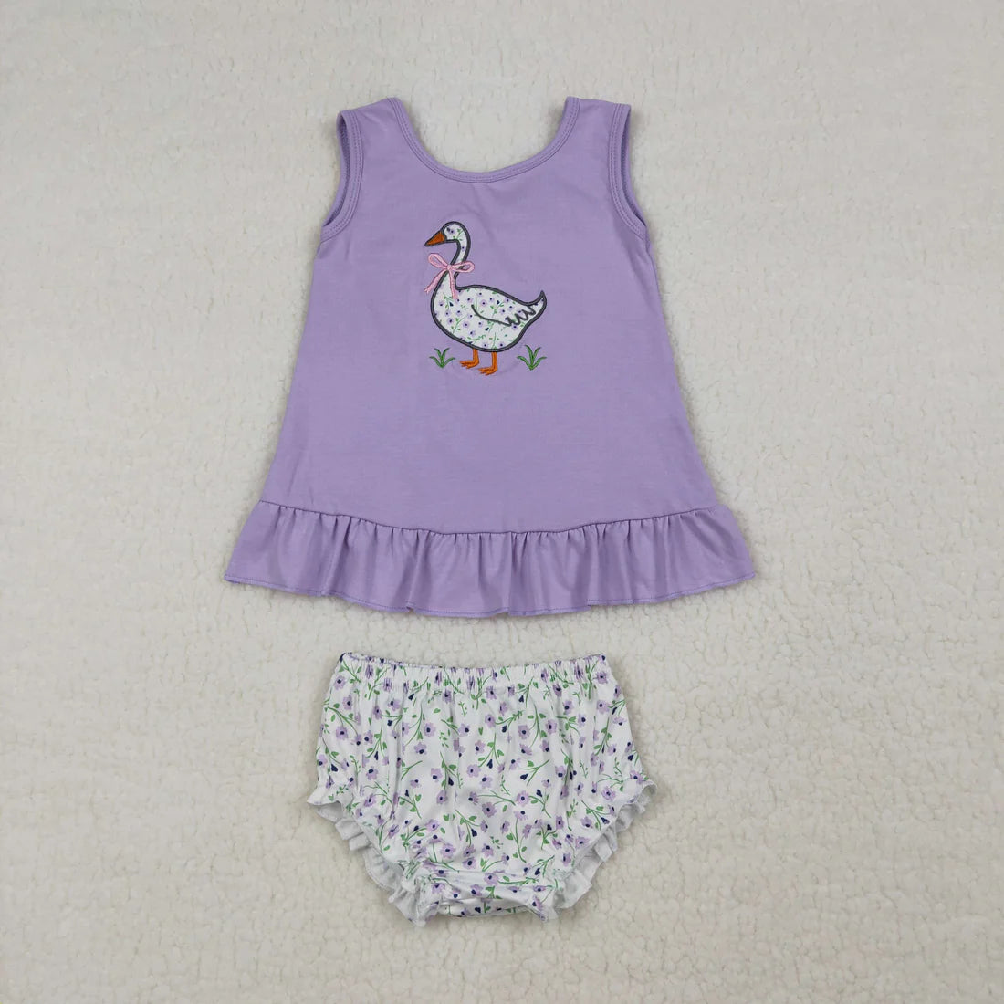 Best Sell RTS Embroidery Floral Goose Baby Girls Tunic Bummies Outfit Set with Back Bows Cute Clothing Set for Little Girls
