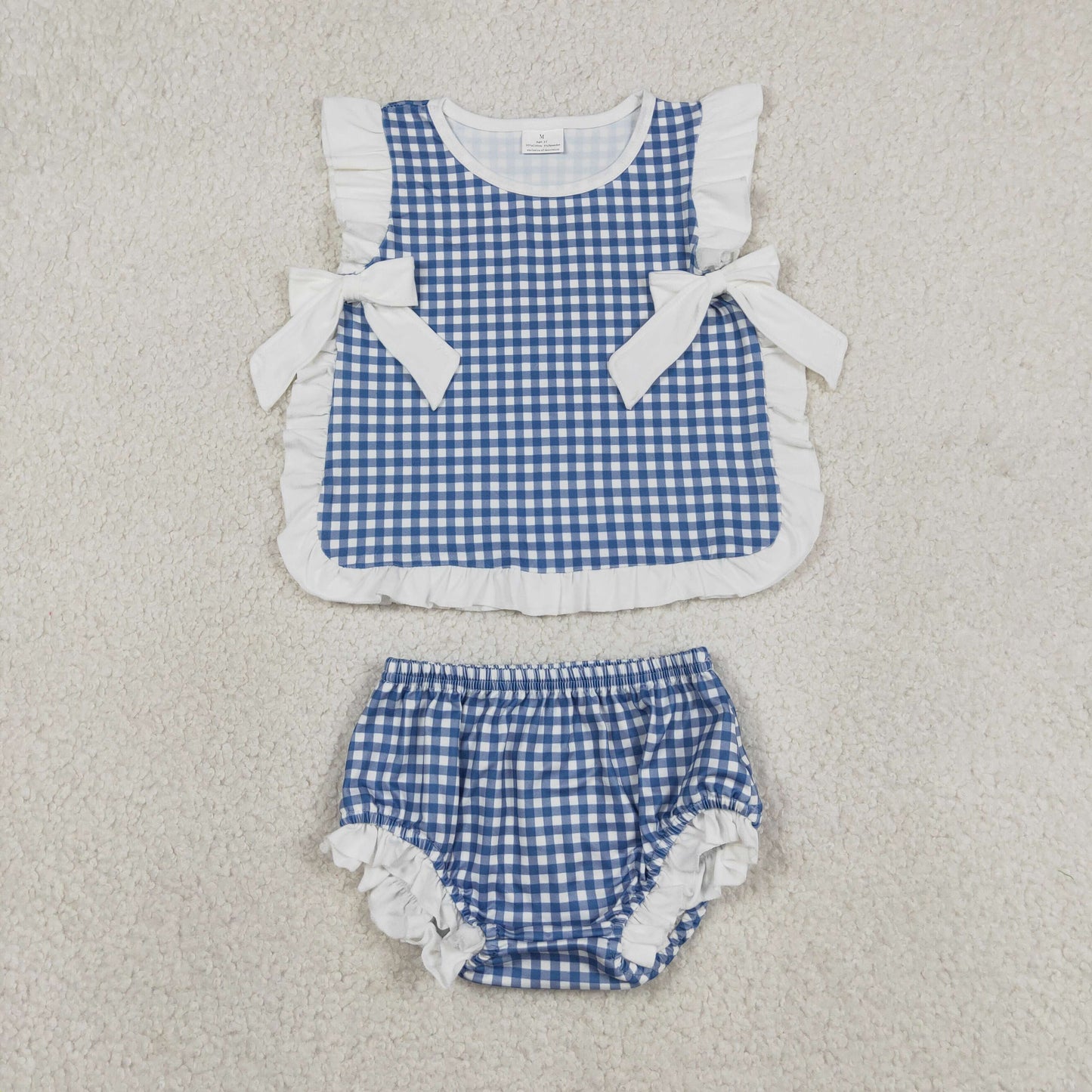 RTS NO MOQ Sibling milk silk Baby Girls Checked Bow Tunic Bummies Set Summer Wear