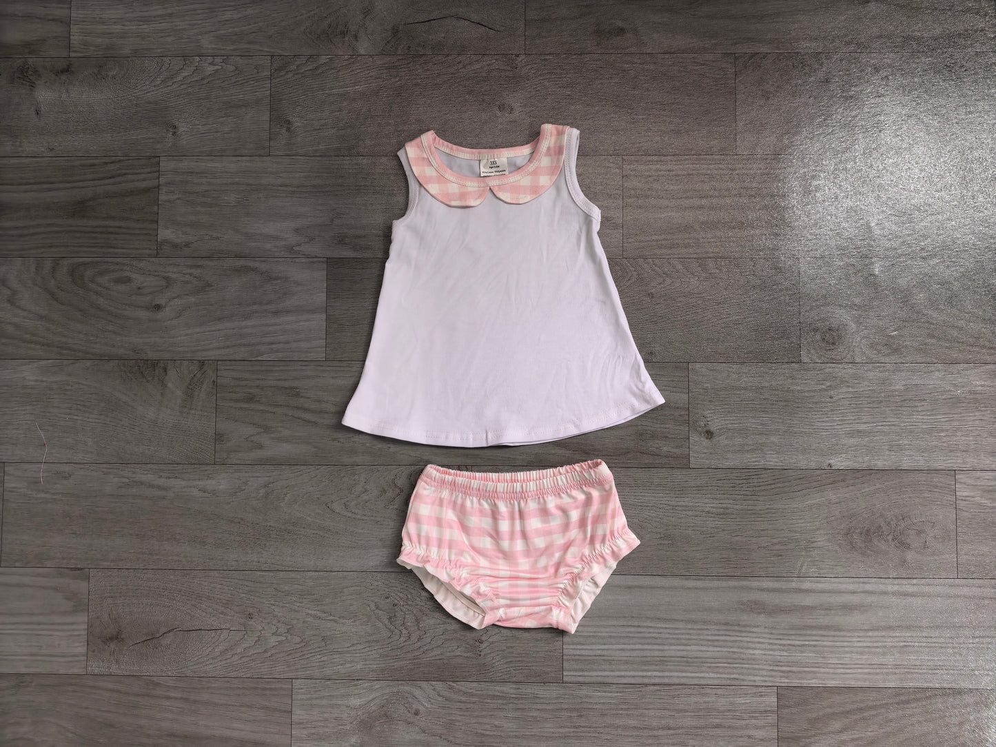 (Sample) No moq GBO0538(GT1706+SS0939) Baby Girls Cute Light Pink Check Ruffle Tunic Bummies Casual Clothes Set