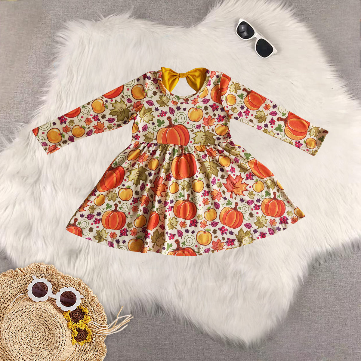 RTS NO MOQ Sibling baby girls clothes pumpkin long-sleeved dresses