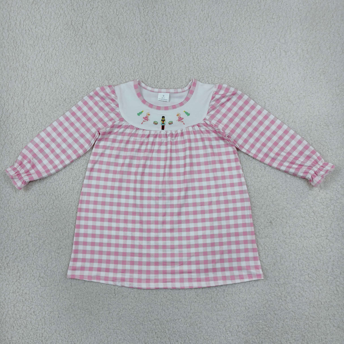 RTS NO MOQ Sibling milk silk Embroidery Baby Girls Pink Gingham Long Sleeve Dress And Top Ruffle Bow Pants Set