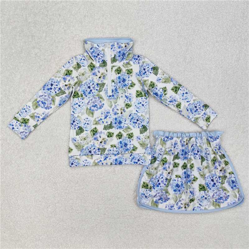 RTS NO MOQ Sibling milk silk Baby Girls Flowers Long Sleeve Zip Top Skirt Cute Sets