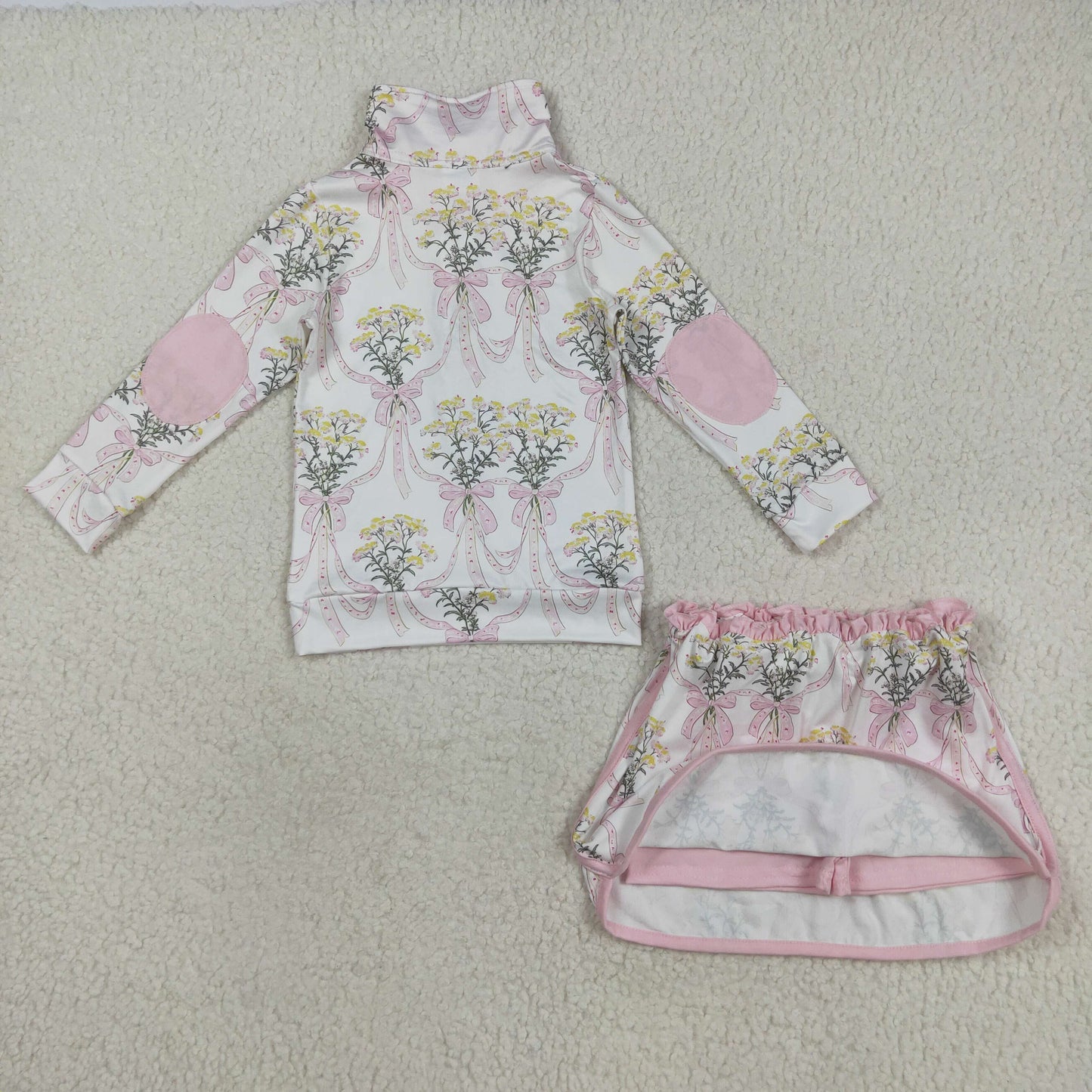 RTS NO MOQ Sibling baby girls clothes floral bow pattern zip-up long-sleeved skirt sets