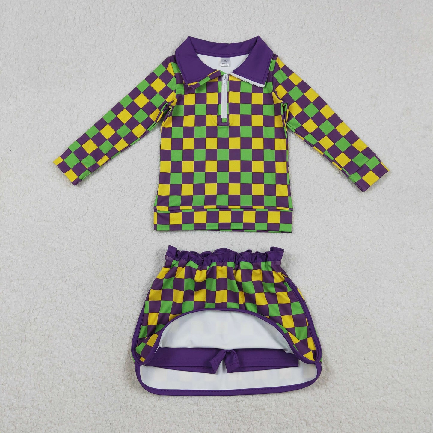 RTS NO MOQ Sibling baby girl clothes yoga mardi gras long-sleeved skirt suits