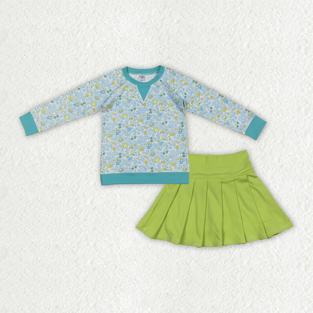 RTS NO MOQ(In Stock) baby girl clothes blue green floral yoga long sleeved top solid yoga skirt sets-GLD1570