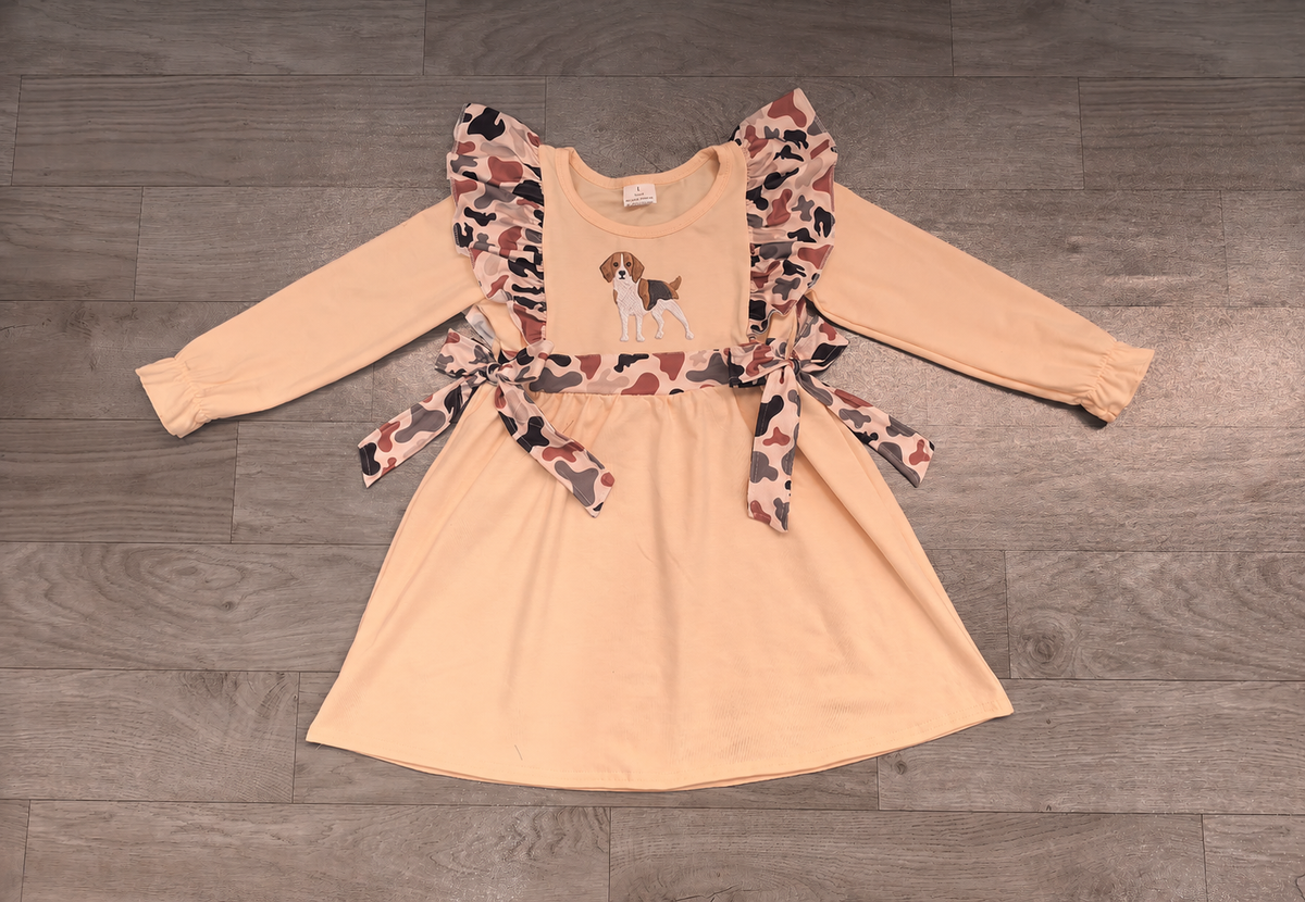 (Sample) No moq milk silk GLD1599 Embroidery Dogs Baby Girls Khaki Camo Knee Length Casual Dresses