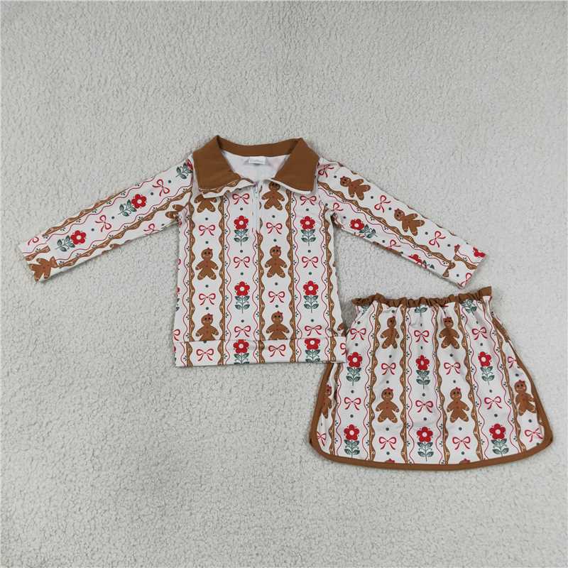 RTS NO MOQ Sibling milk silk Baby Girls Long Sleeve Zip Top Skort Holiday Casual Christmas Clothes Set