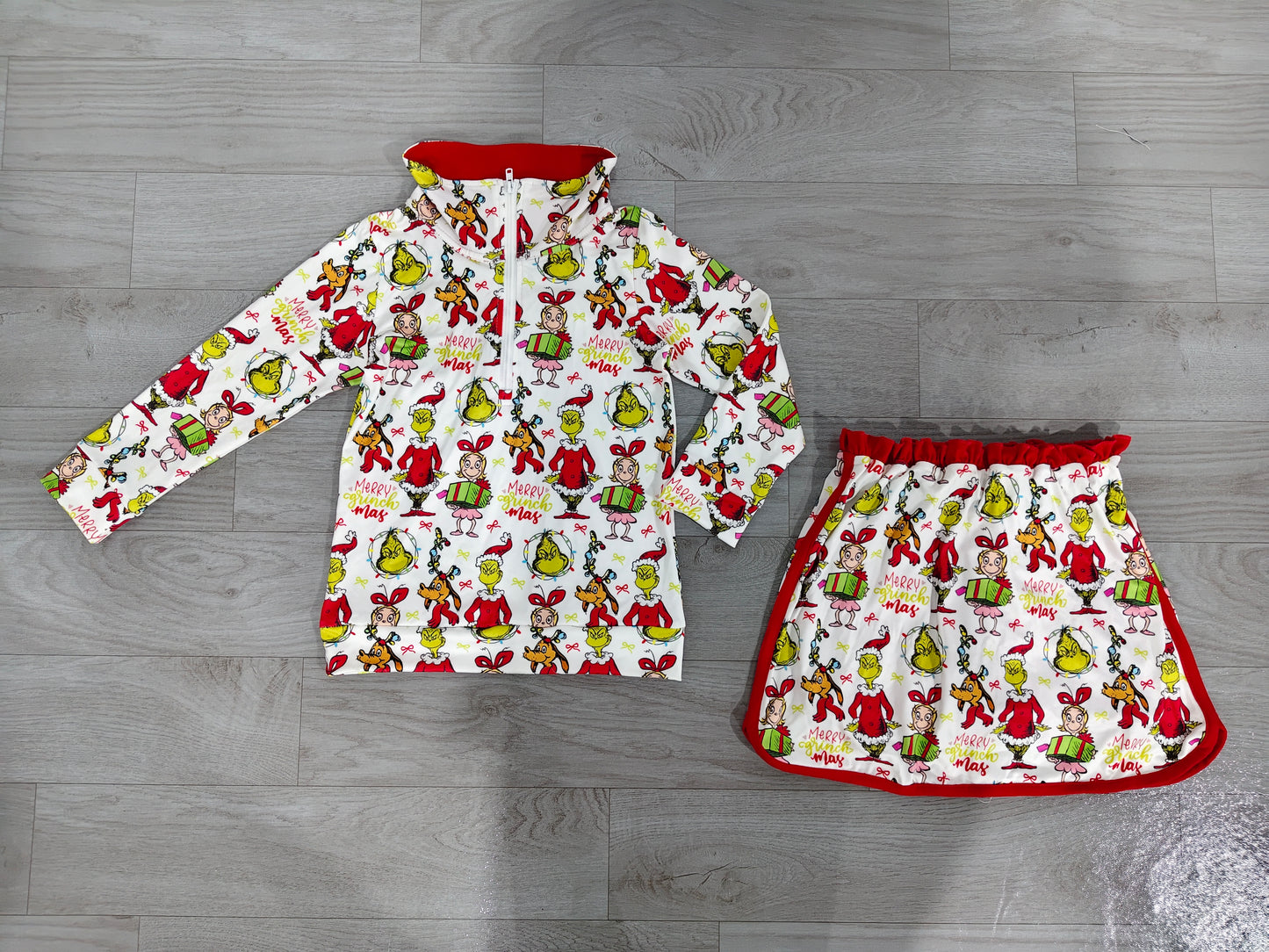 (Sample) No moq milk silk GLD1608 Baby Girls Christmas Printed Zip Front Top Short Skirt Clothes Sets
