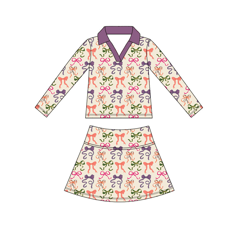 (Pre Order) No moq yoga fabric Baby Girls Floral Bow Print Long Sleeve Top Casual Yoga Skirt Set