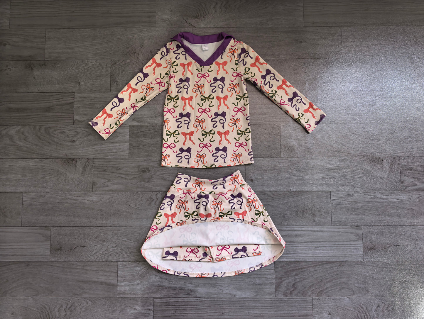 (Sample) No moq yoga fabric GLD1632 Yoga Baby Girls Cute Colorful Bow Long Sleeve Top Short Skort Casual Yoga Active Sets