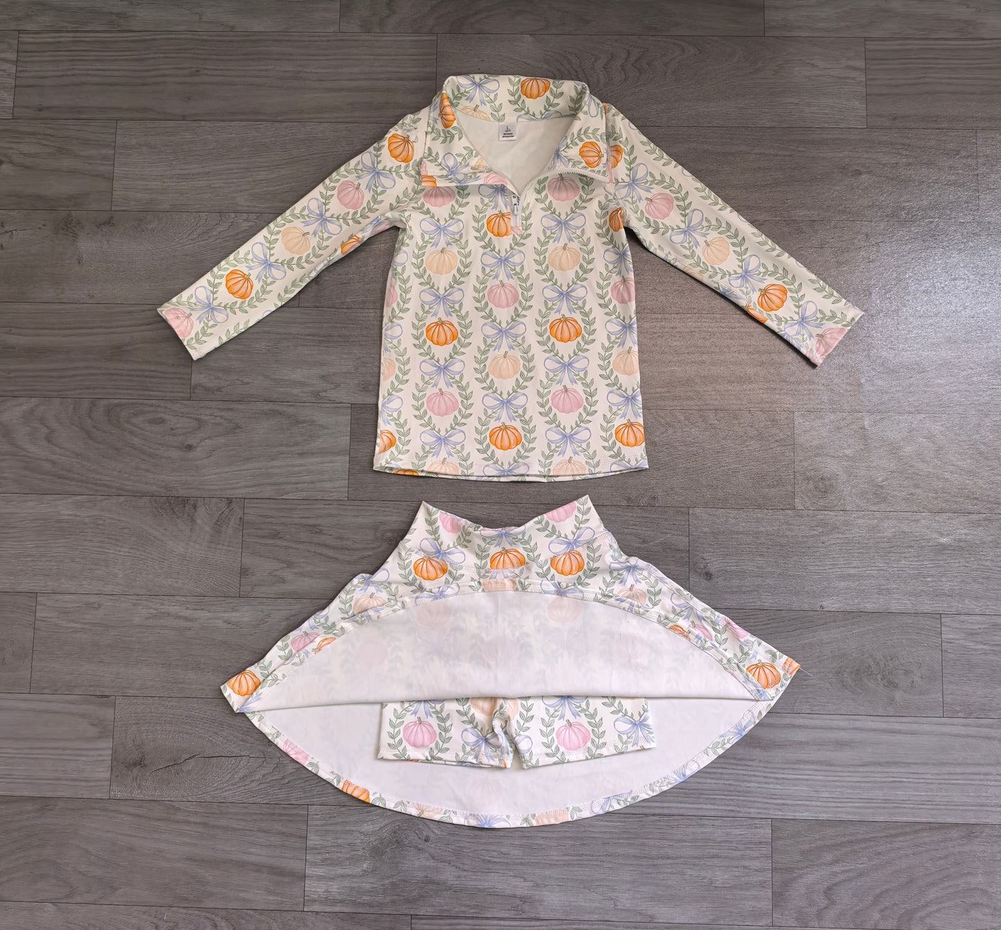 (Sample) No moq yoga fabric GLD1635 (GT1705+GLK0317)Baby Girls Colorful Pumpkin Bow Zip Pullover Short Skirt Yoga Active Sets