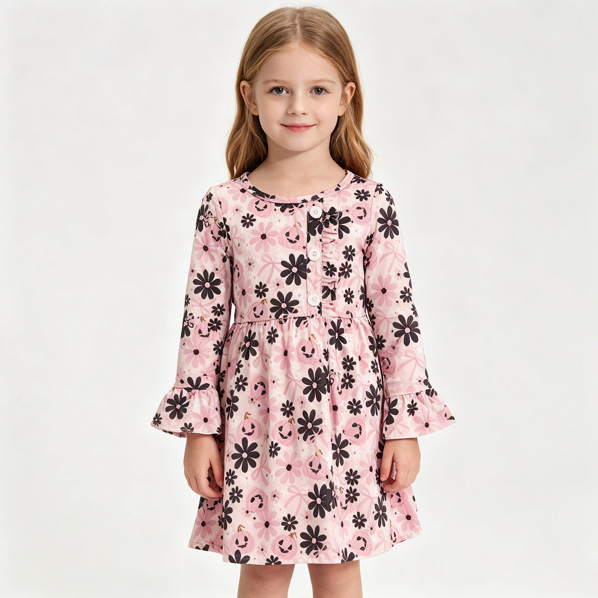 (Sample) No moq milk silk GLD1637 Baby Girls Ghosts Pumpkins Flowers Button Halloween Knee Length Dresses