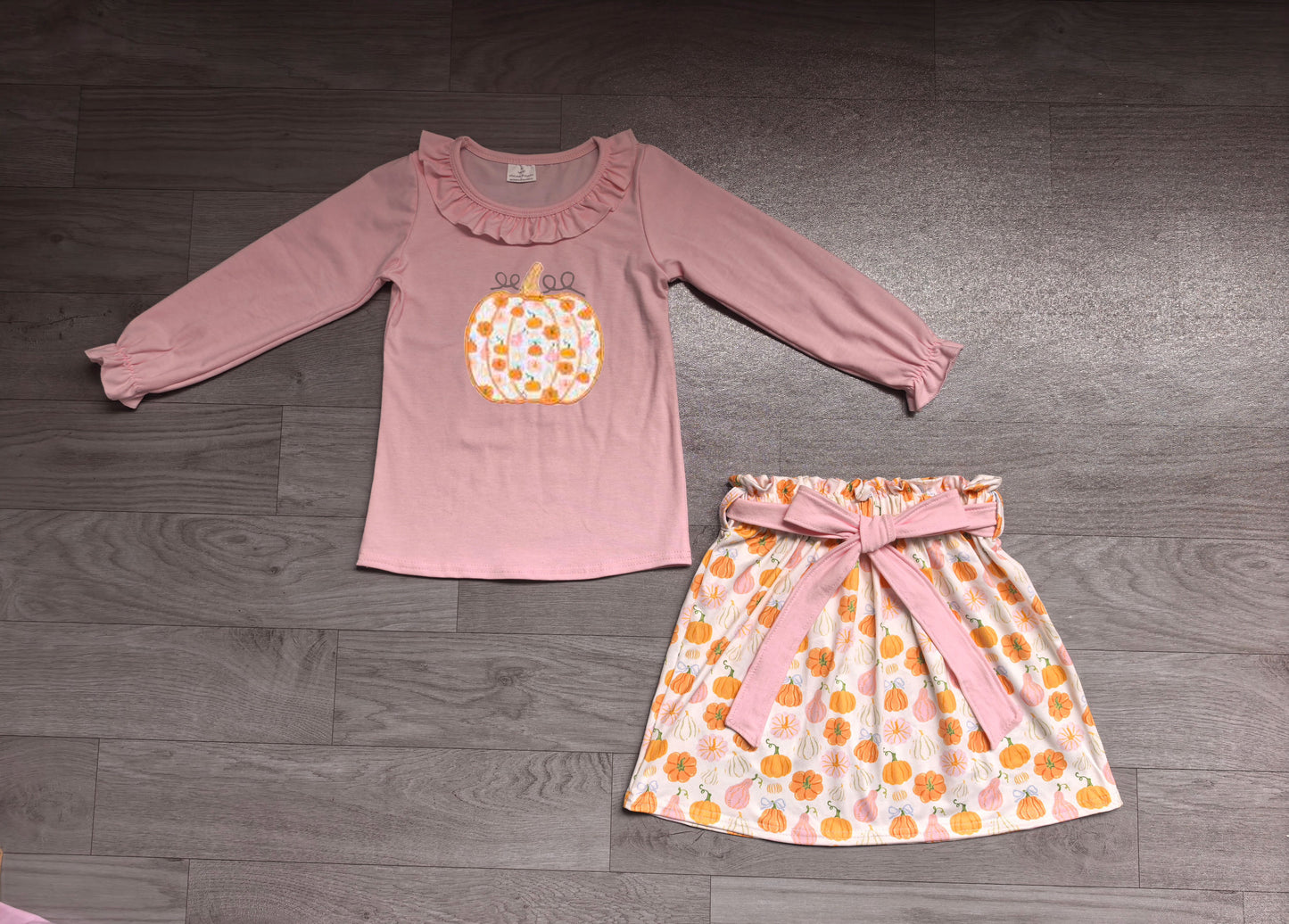 (Sample) No moq milk silk GLD1641 Embroidery Baby Girls Fall Pumpkin Long Sleeve Tunic Top Bow Short Skirt Outfit Set
